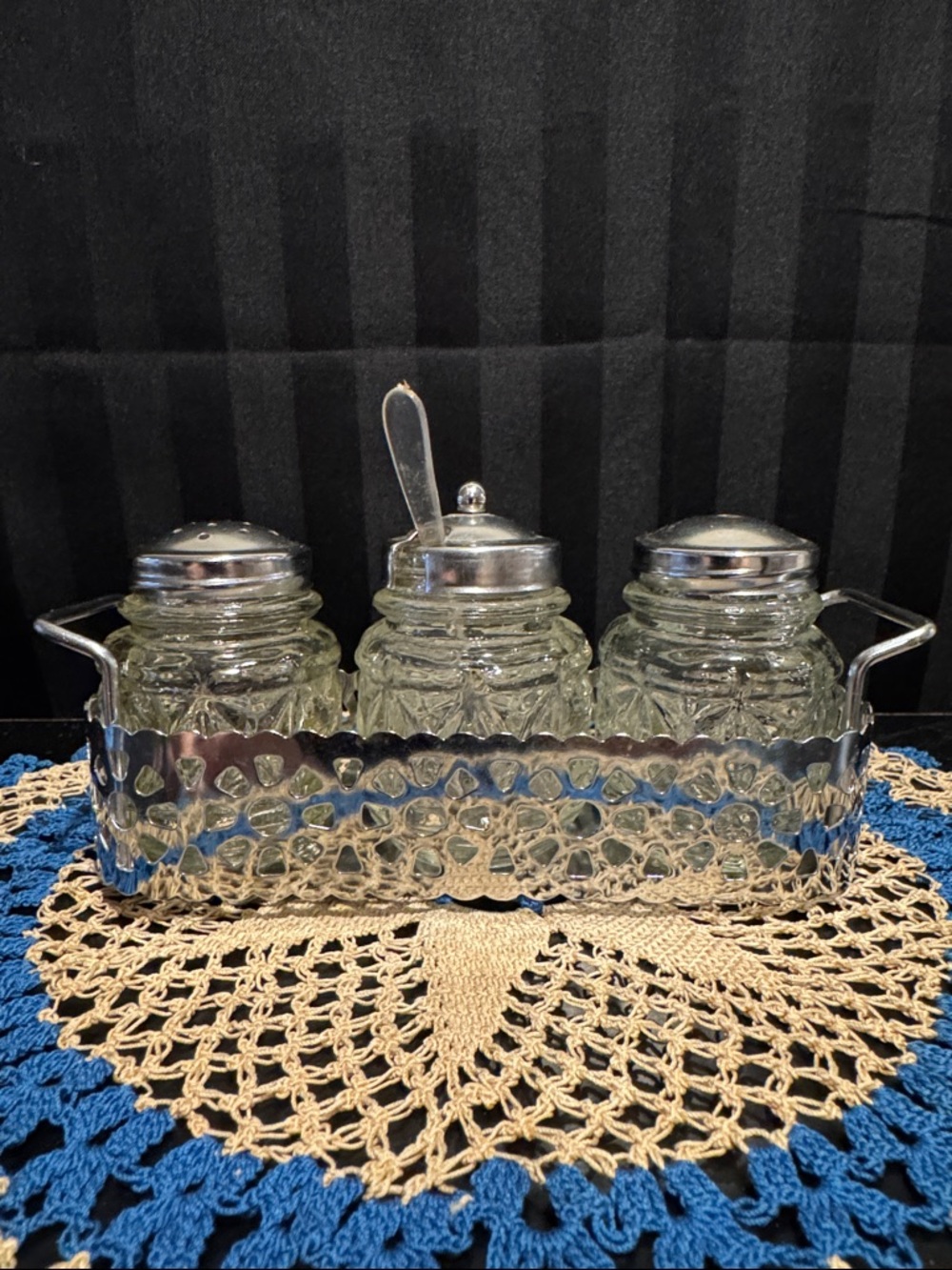 Countertop Glass Salt, Pepper and Sugar Jar Set with Silver-Tone Holder